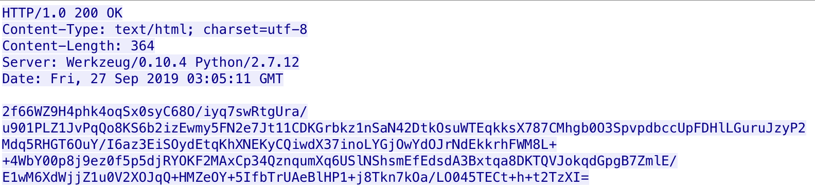 Figure 9. C2 server response containing ciphertext containing a command line command to execute