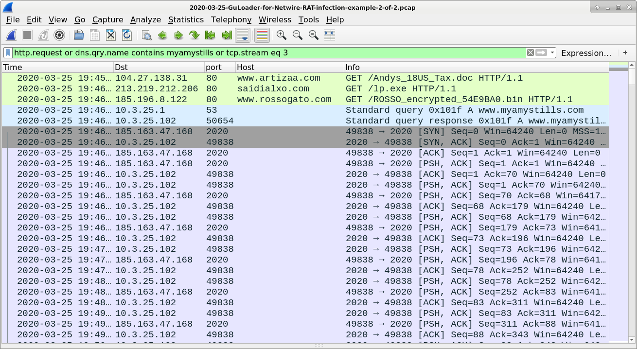 Figure 10. NetWire RAT infection traffic associated with Andys_18US_Tax.doc and GuLoader filtered in Wireshark