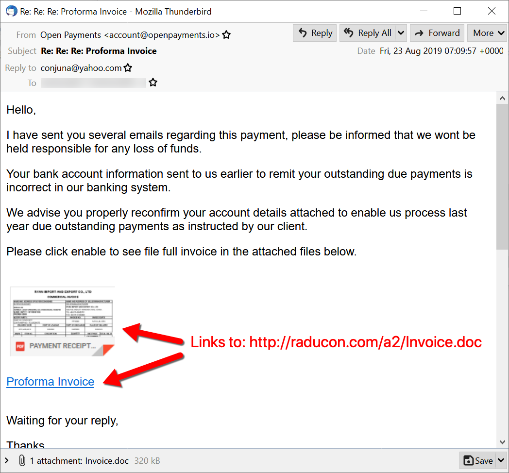 Figure 2. Malspam from August 2019 with both a link and an attachment for a Word document to kick off a NetWire RAT infection.