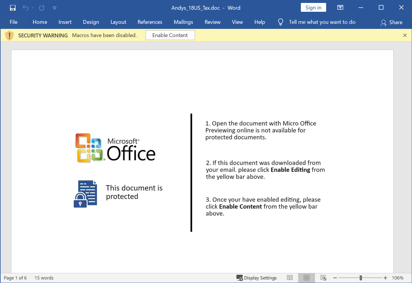 Figure 4. Document from one of the links to start NetWire RAT infection
