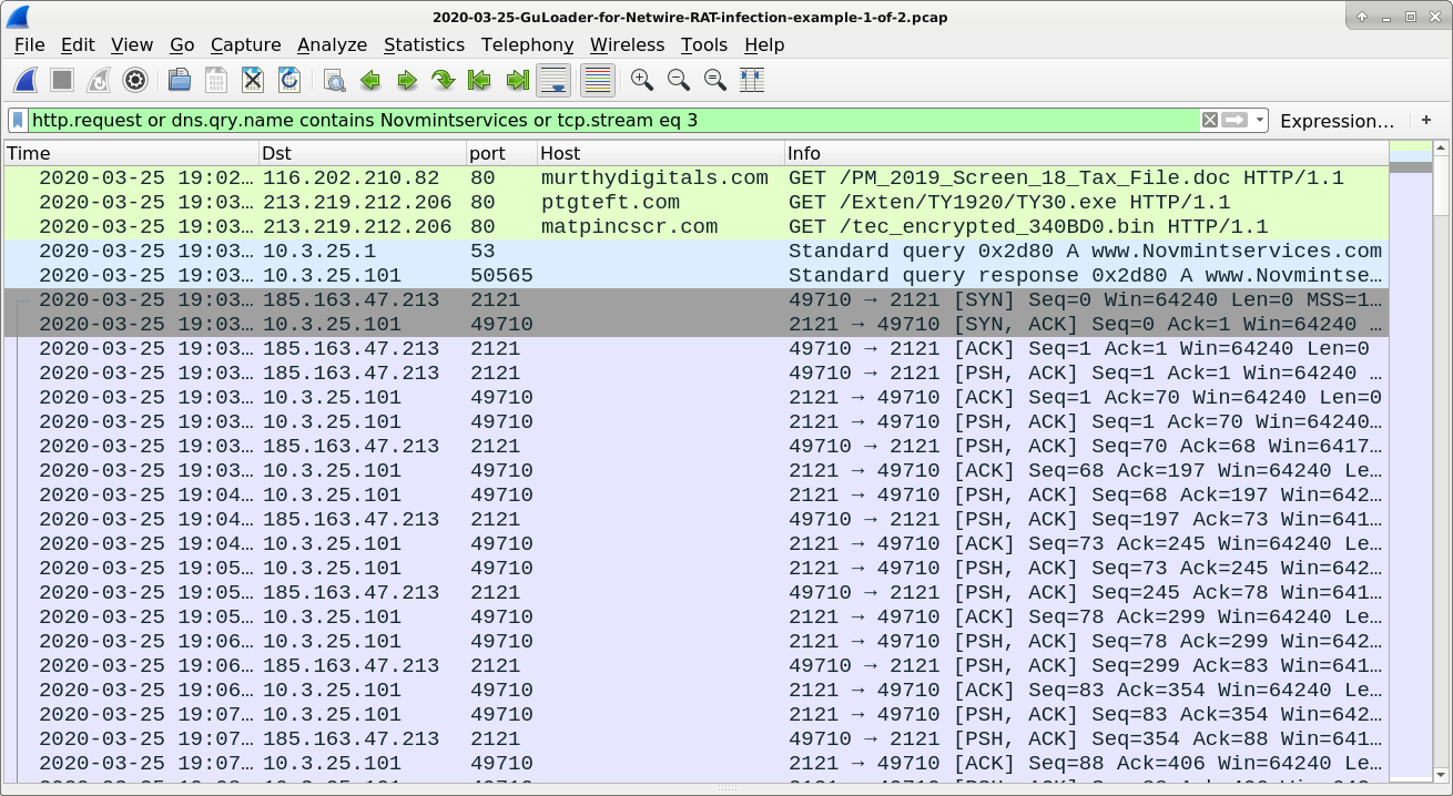 Figure 9. NetWire RAT infection traffic associated with PM_2019_Screen_18_Tax_File.doc and GuLoader filtered in Wireshark