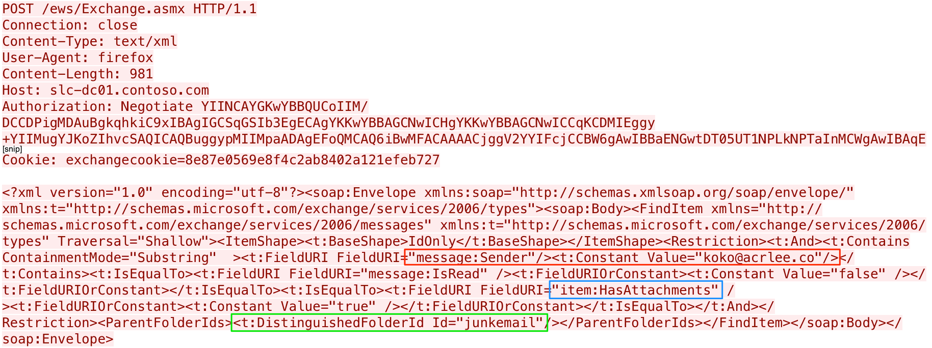 攻撃者からのインバウンド電子メールをチェックするためにExchangeサーバーに送信されるHTTP POST要求