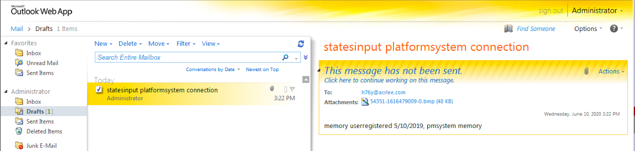 ペイロードが作成して攻撃者に送信する前の下書き電子メールを示すOutlook Web Appのスクリーンショット