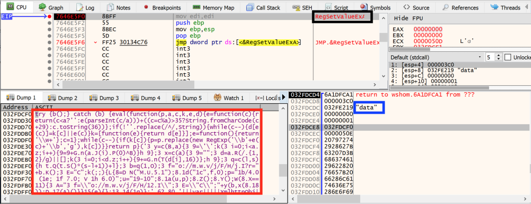 この図は、c.jsファイルによりどのようにレジストリキーが作成され、このキーに値を設定して、パックされたJScriptコードを格納するかを示しています。