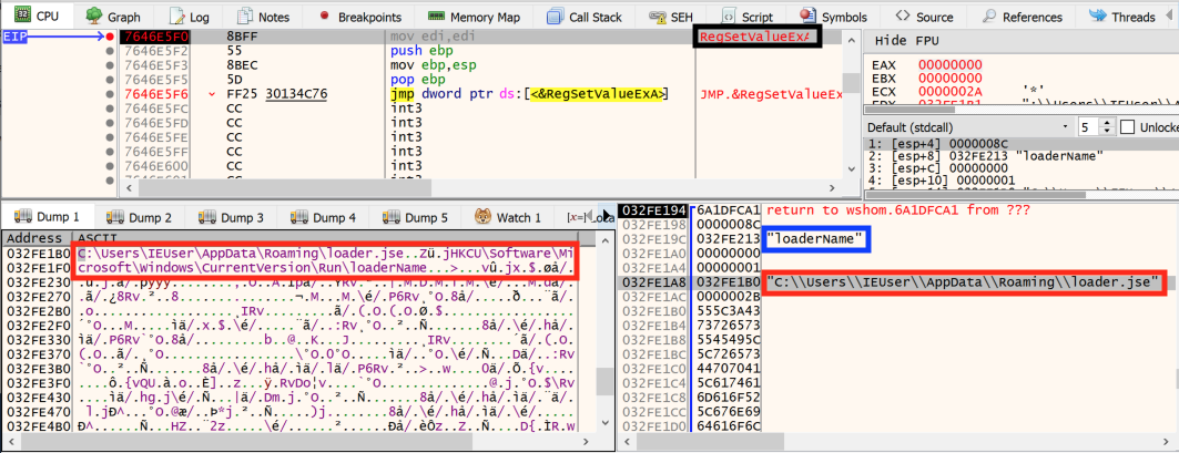 この図は、スクリプトにより、特定のloader.jseファイルのパスが設定されたレジストリキーの新しい値がどのように作成されるかを示しています。