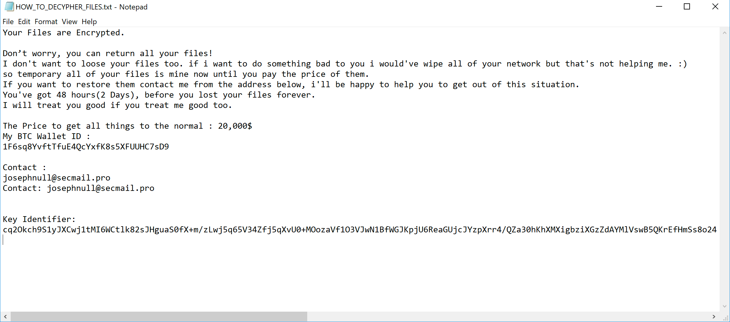 HOW_TO_DECRYPT_YOUR_FILES.txt - Notepad - Thanos ランサムウェアによるメッセージ。被害者に対し、以下のテキストを表示しているところ。"Your files are Encrypted. Don't worry, you can return all your files!I don't want to loose your files too. If I want to do something bad to you I would've wipe all of your network but that's not helping me. :) so temporary all of your files is mine now until you pay the price of them. If you want to restore them contact me from the address below, I'll be happy to help you to get out of this situation. You've got 48 hours (2 Days), before you lost your files forever. I will treat you good if you treat me good too." The note closes with contact info, a Bitcoin wallet ID and a demand for "20,000$."