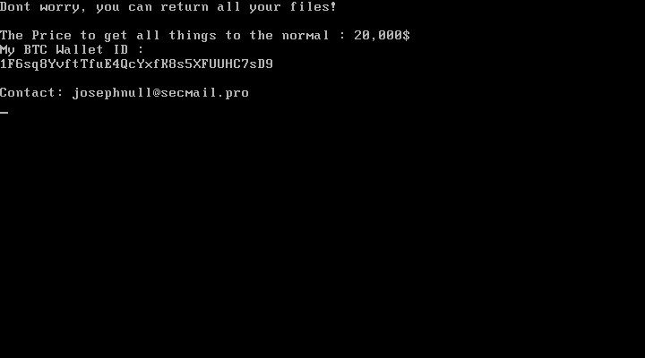 このThanosランサムウェアのメッセージは次のとおりです。「Dont worry, you can return all your files! The Price to get all things to the normal : 20,000$" It closes with a Bitcoin wallet ID and a contact email.