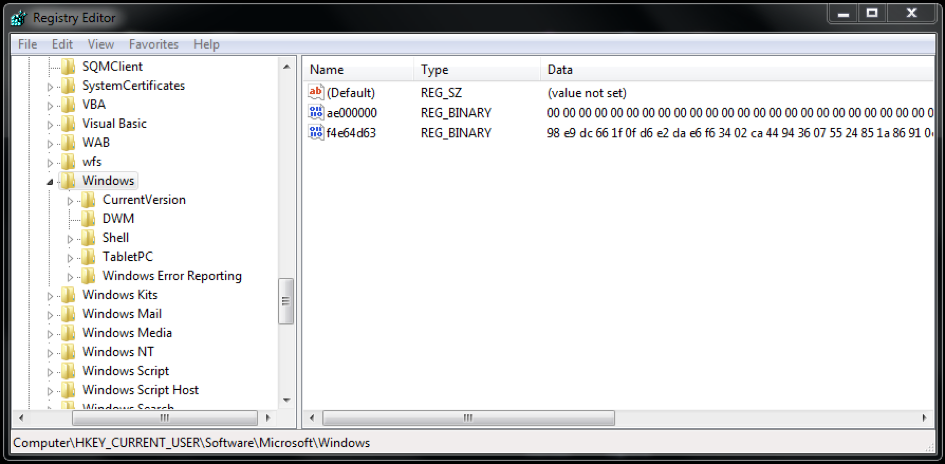 図4Windowsレジストリに格納されている暗号化されたメイン ペイロードと初期ローダー パス