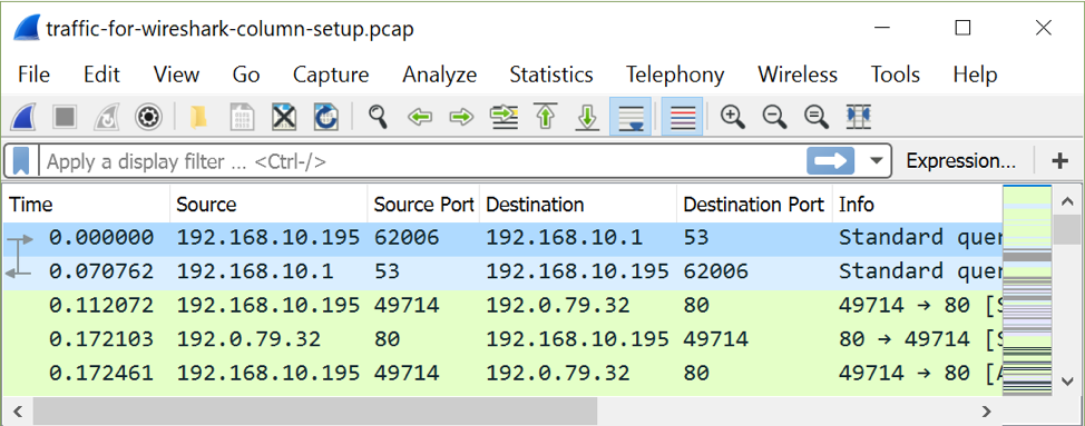 図 12: 「Source Port」と「Destination Port」の列を追加し､文字揃えを修正した後の列表示