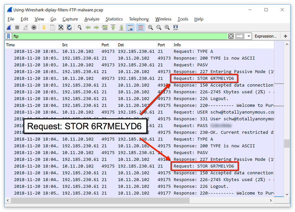図13.TCPポート21経由のFTP制御チャネルは6R7MELYD6という名前のファイルとしてFTPサーバーに格納された情報も示している