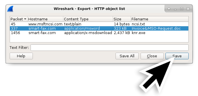 図3: HTTPオブジェクト リストから不審なWordドキュメントを保存