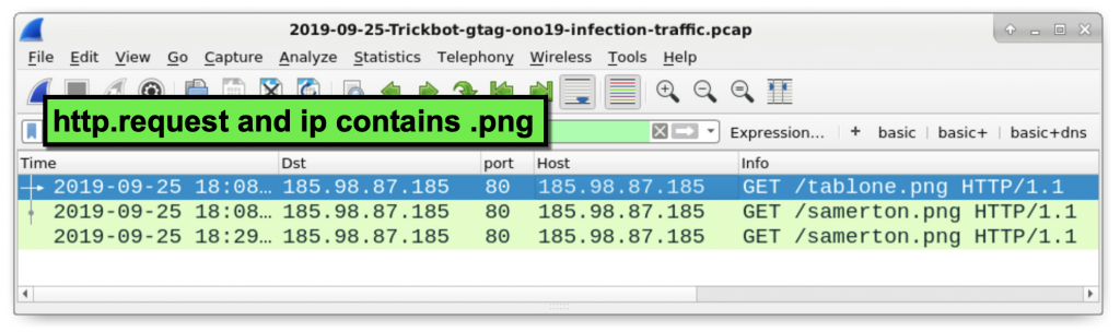 図21:「.png」で終わるURLで送信されるTrickbotの追加実行可能ファイルを見つけるためのフィルタリング設定