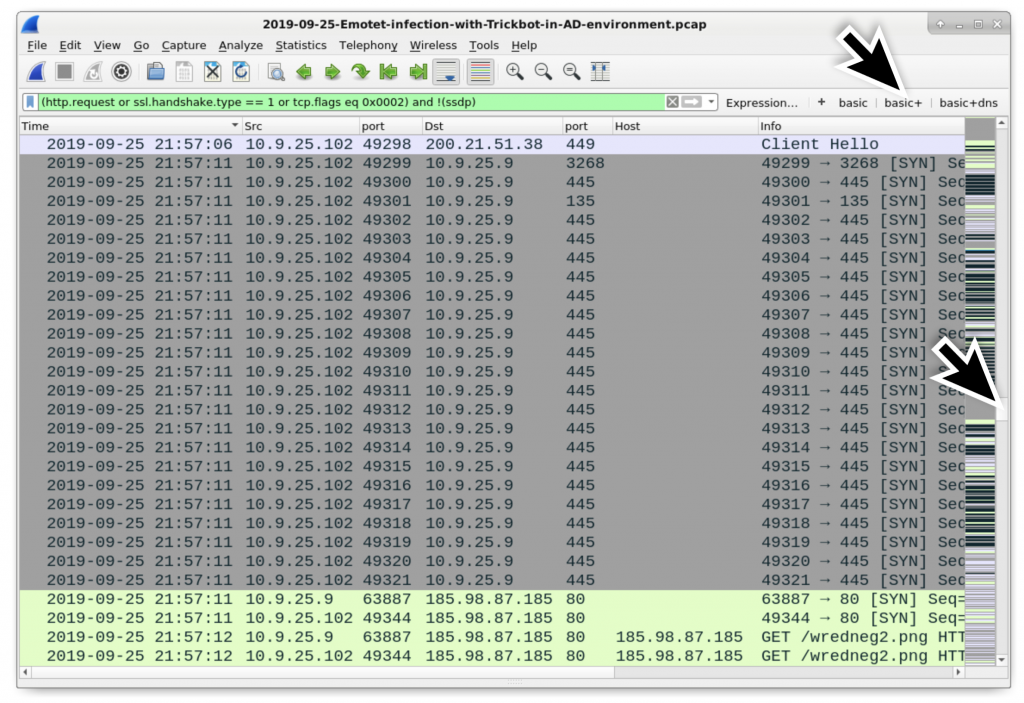 図27: DCが196.98.87[.]185/wredneg2.pngからTrickbotの実行可能ファイルを取得する直前、10.9.25.102のクライアントから10.9.25.9のDC（灰色で表示）へのトラフィックを検索
