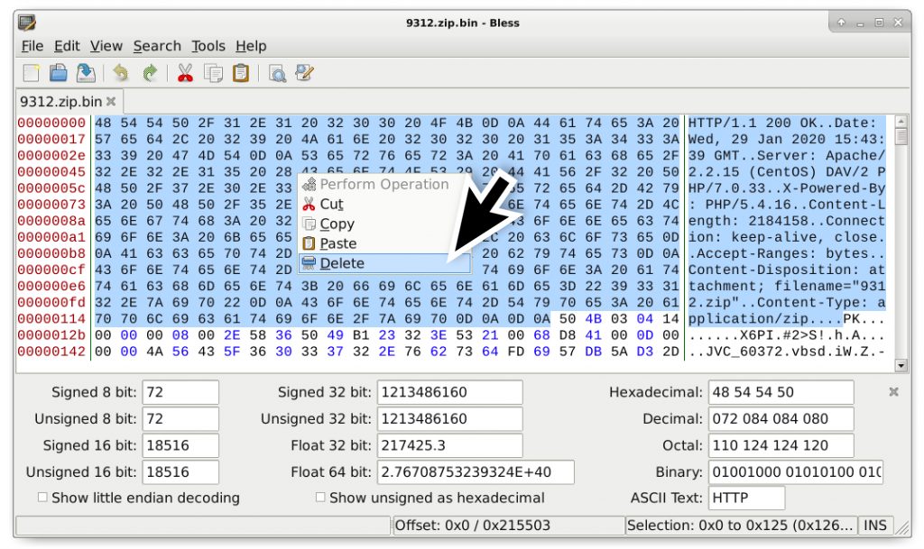 Figure 12. Step 5 – Open your saved binary in a hex editor and remove any HTTP response data before the first two bytes of the zip archive (that show as PK in ASCII).