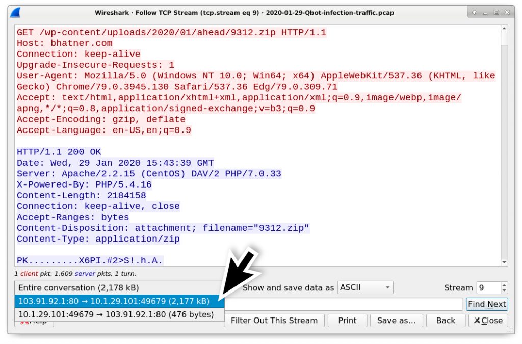 Figure 9. Step 2 – When viewing the TCP stream, switch from viewing the entire conversation to viewing only data returned from the server.