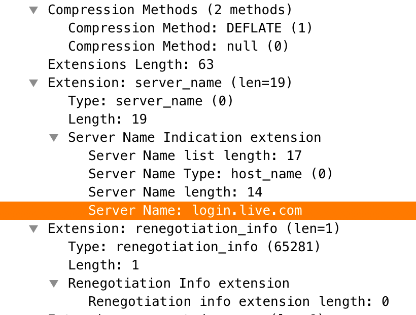 図2: TLSハンドシェイクのClient HelloパケットではServer Name Indicationとしてlogin.live.comを使用