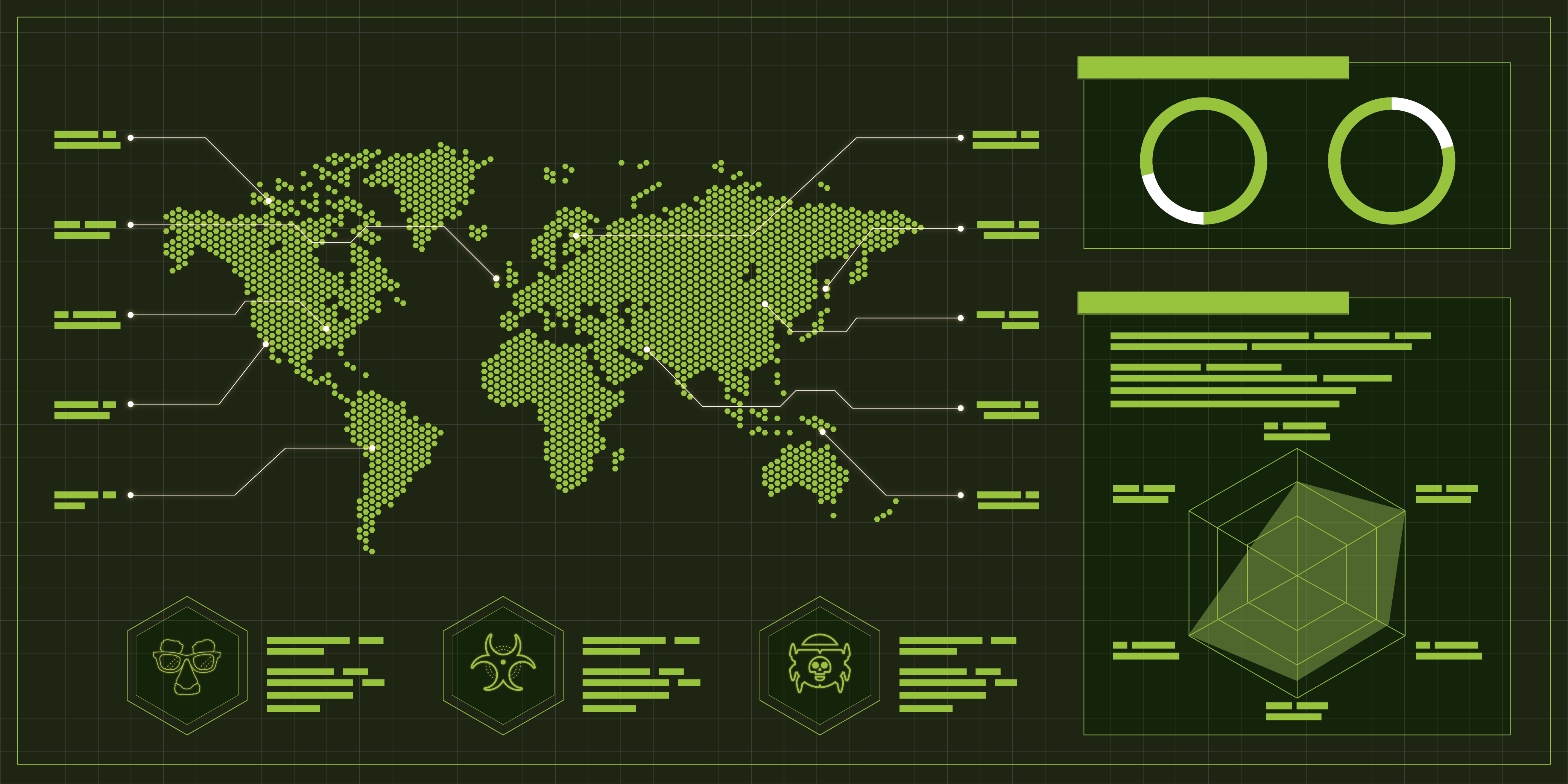 A conceptual illustration showing a world map along with icons representing malware and other tools used by malicious actors