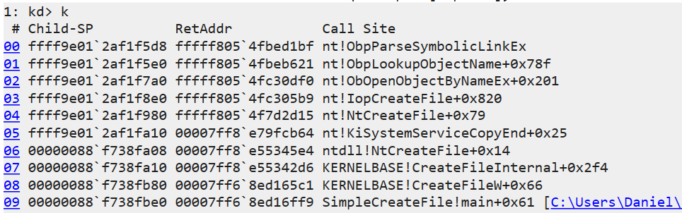 WinDbg showing the call stack of a CreateFile API