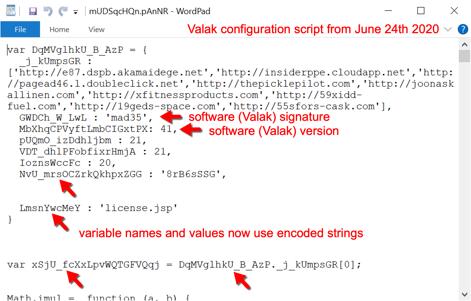 A Valak configuration script from June 24, 2020, shows software (Valak) signature, software (Valak) version, and variable names and values now using encoded strings. 