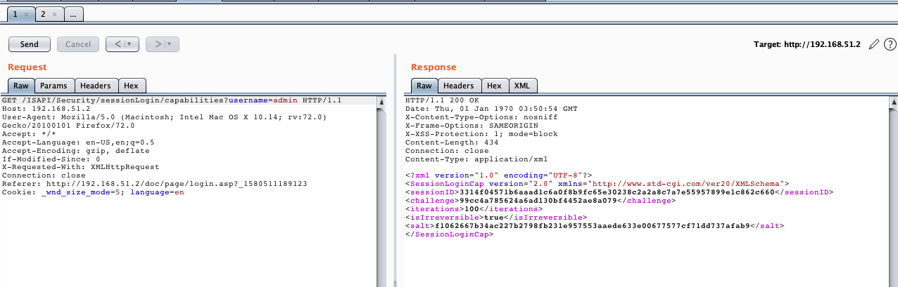 The screenshot shows what happens when a login request is sent to ISAPI/Security/sessionLogin/capabilities on AvertX IP cameras for a username that exists on the camera. 