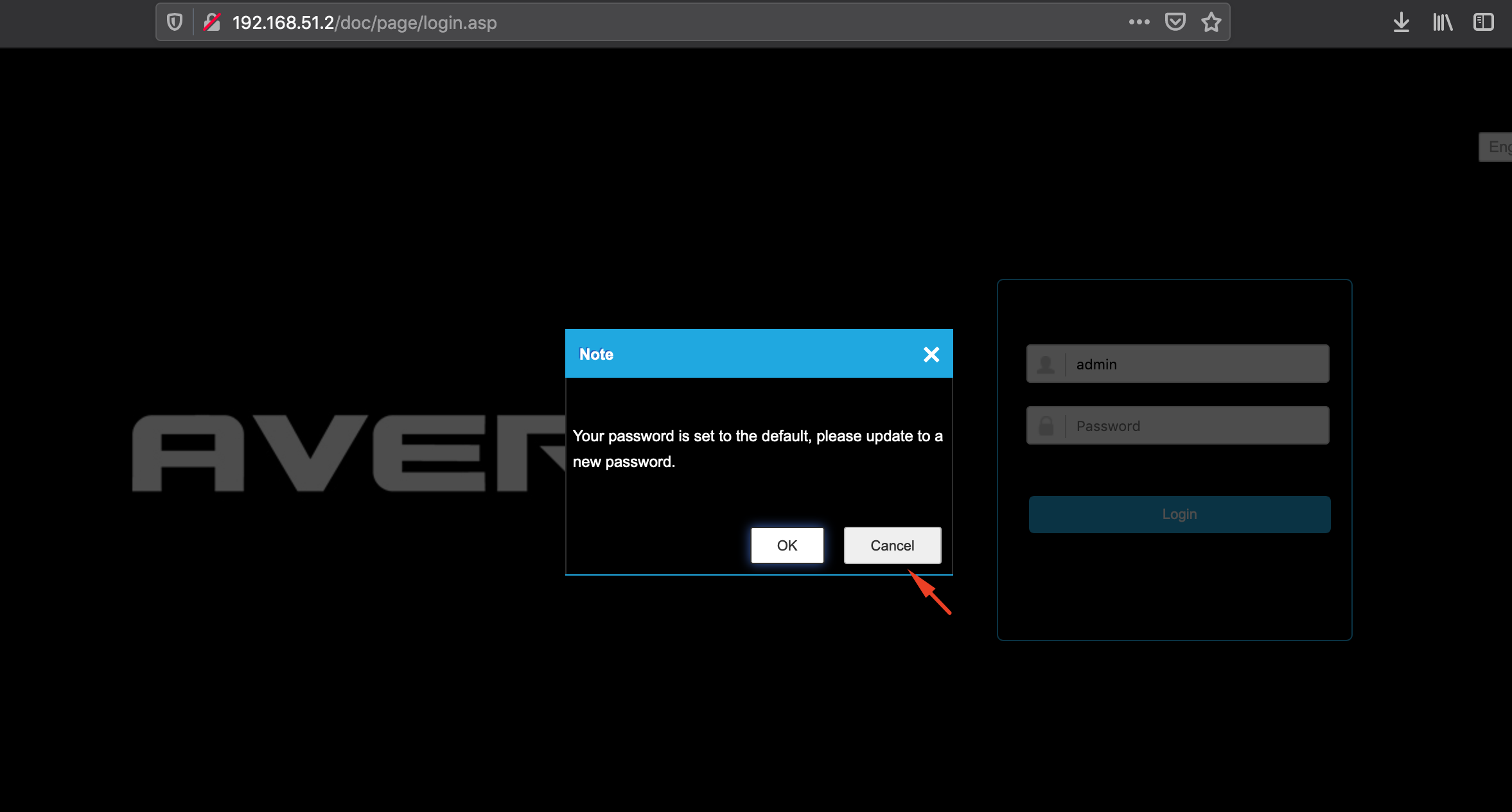 AvertX IP cameras show a pop-up window suggesting the user change the default password for the admin account, but the suggestion can be ignored. 