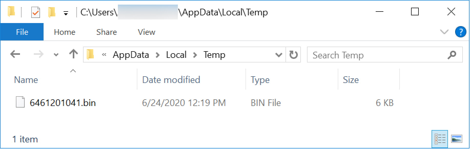 A Windows executable appeared in the infected user's AppData\Local\Temp directory as a random file name ending in .bin