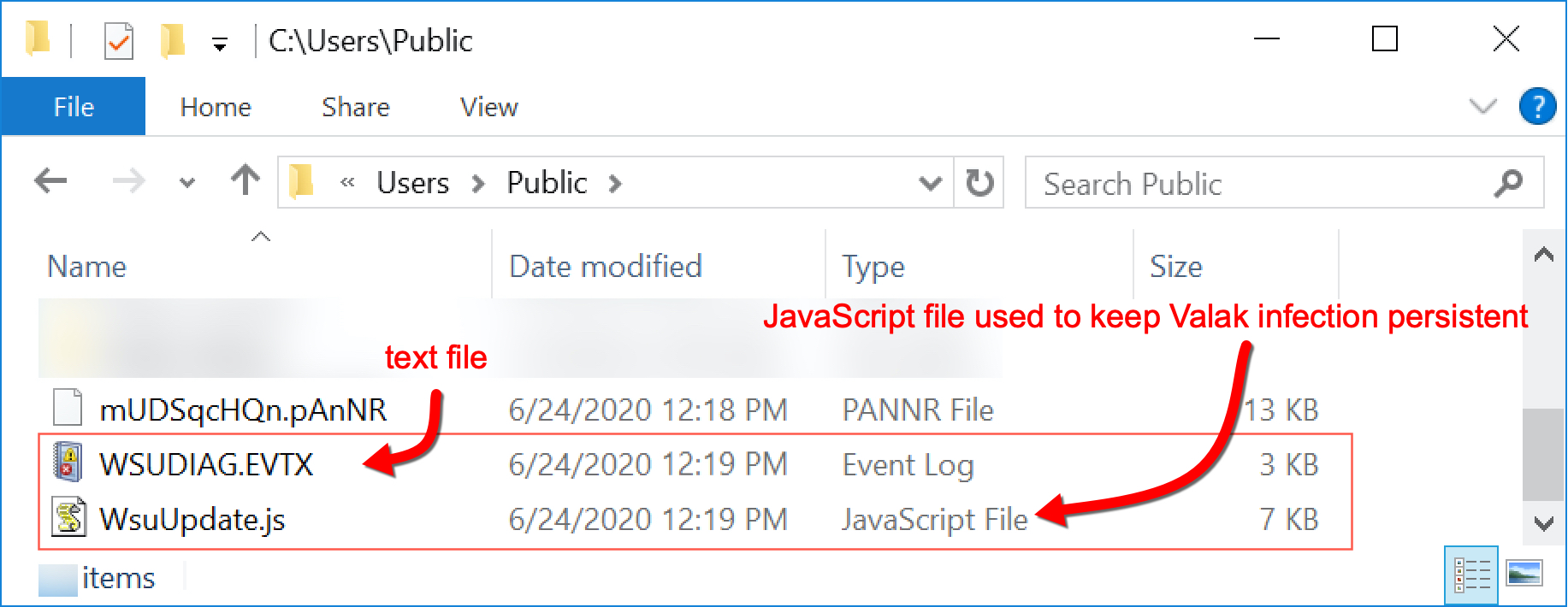 A randomly-named text file and JavaScript (JS) file both appeared under the C:\Users\Public\ directory.
