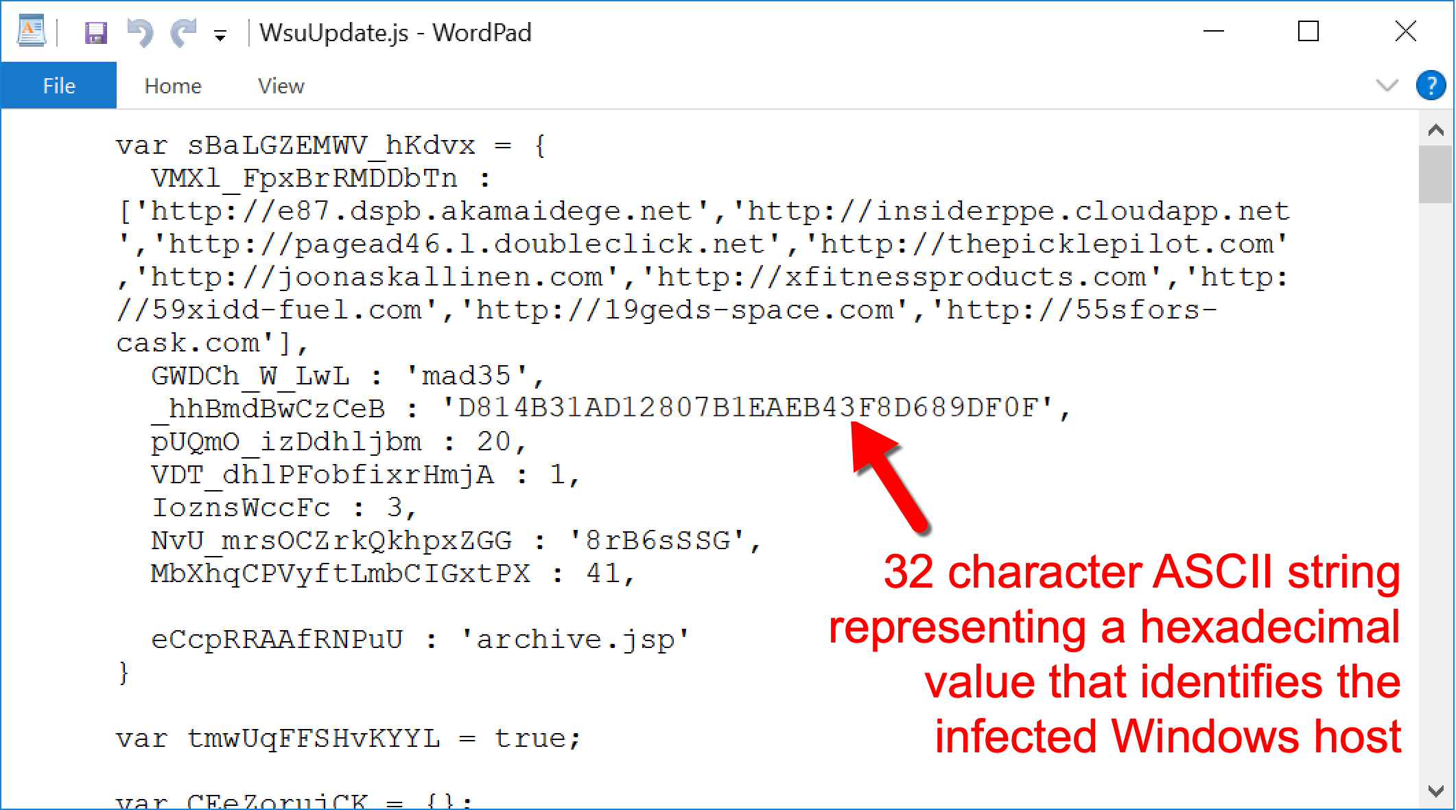 Within the contents of the JS file used to keep the Valak infection persistent, we identified a 32-character ASCII string representing a hexadecimal value that identifies the infected Windows host