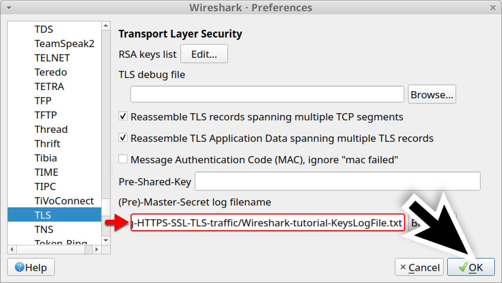 This shows how the screen appears in Wireshark once the key log file for the decrypting HTTPS traffic tutorial has been properly selected. 