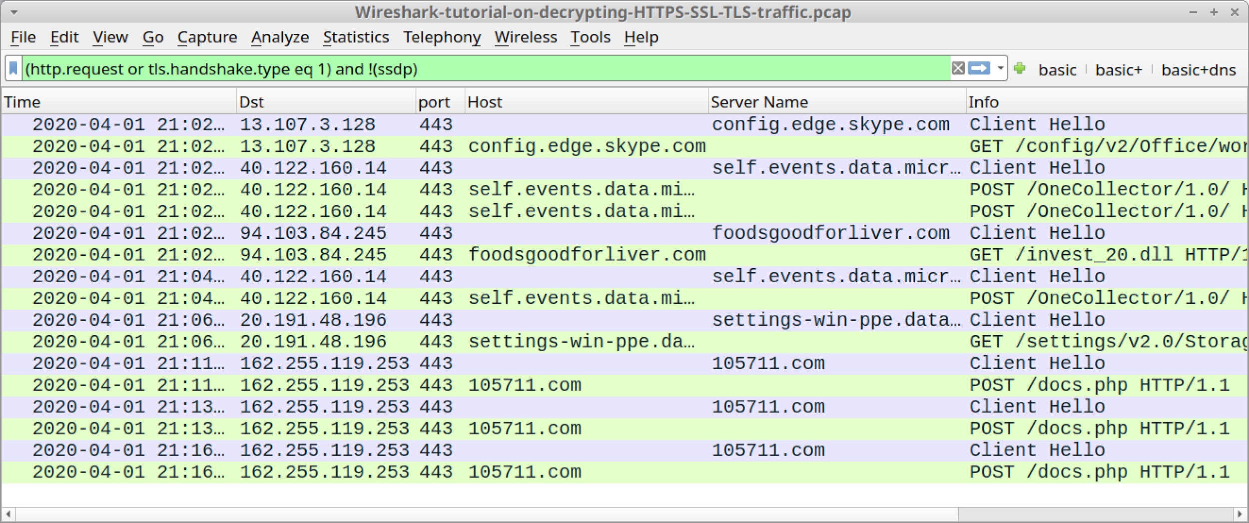 This screenshot advances the decrypting HTTPS traffic tutorial by showing how your Wireshark column display will list decrypted HTTP requests under each of the HTTPS lines. 