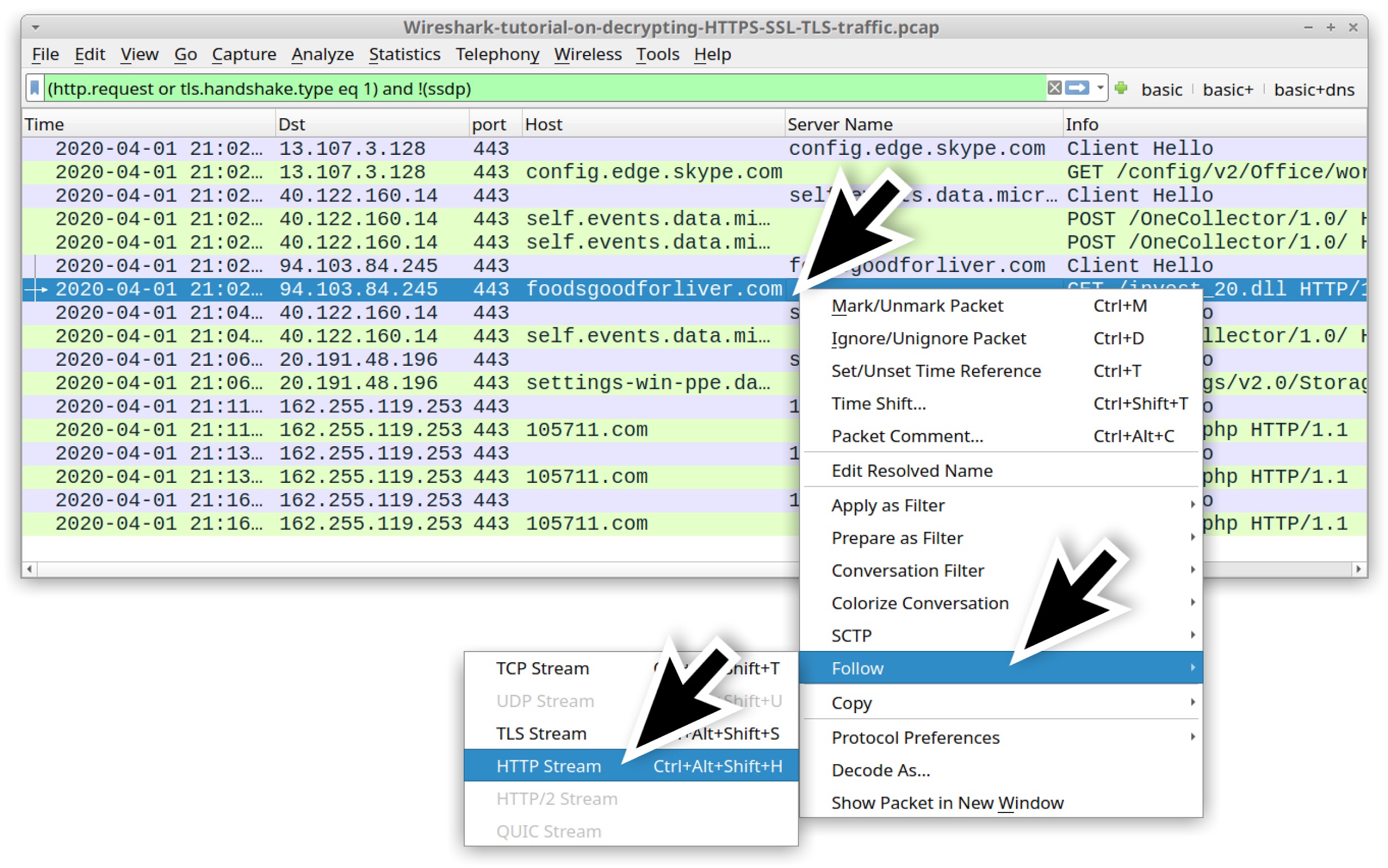 Wireshark-tutorial-on-decrypting-HTTPS-SSL-TLS-traffic.pcap - this shows the series of clicks that allow you to follow the HTTP stream for the GET request to foodsgoodforliver[.]com