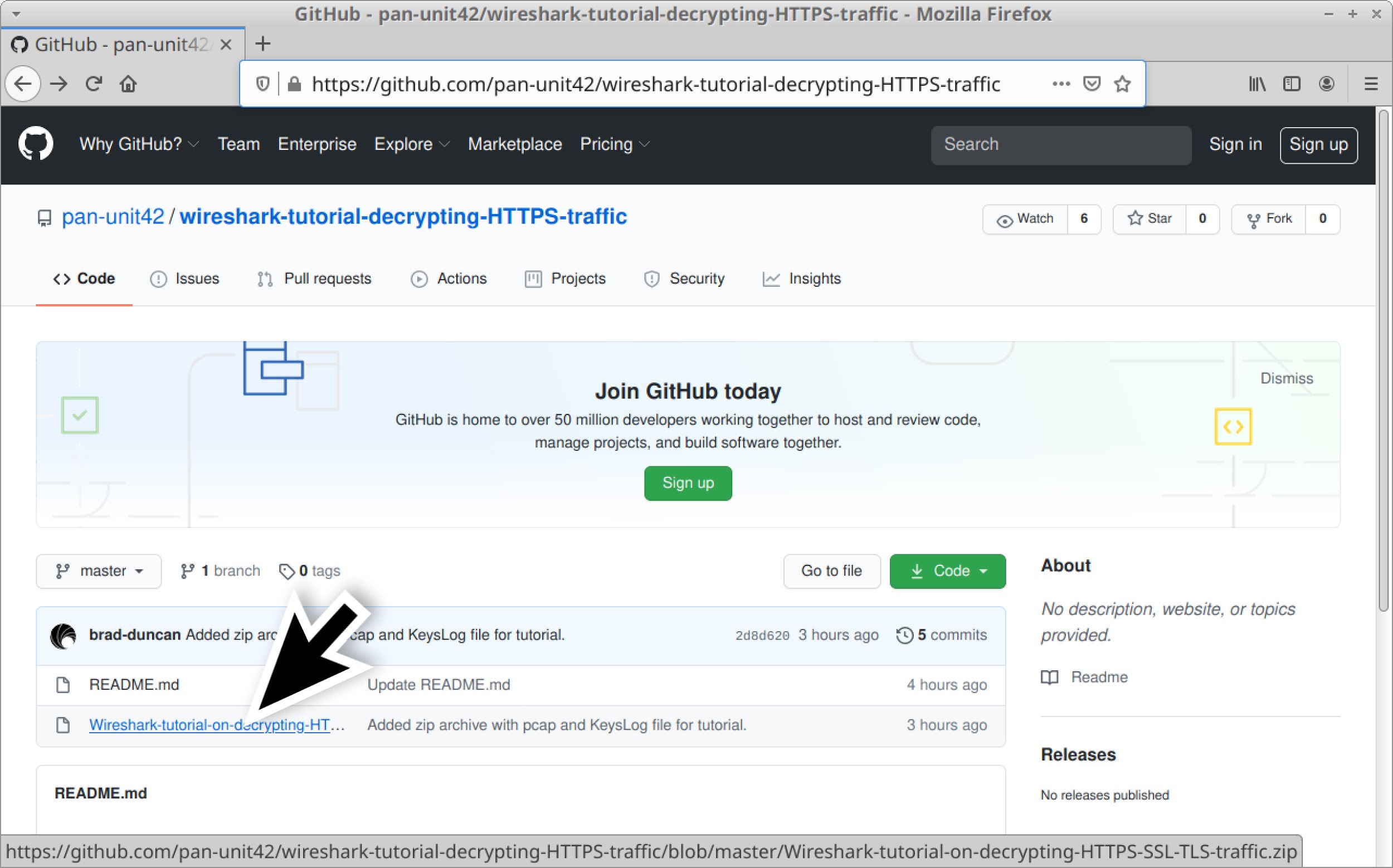 pan-unit42/wireshark-tutorial-decrypting-HTTPS-traffic - the screenshot shows the Github repository with the link to the ZIP archive used for this tutorial on decrypting HTTPS traffic. 