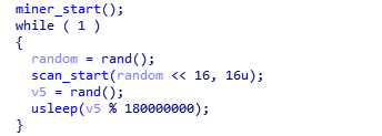 "The code pictured here reads as follows: miner_start(); while ( 1 ) { random = rand(); and other lines not reproduced in plaintext here. This code starts Cetus's two main functions."