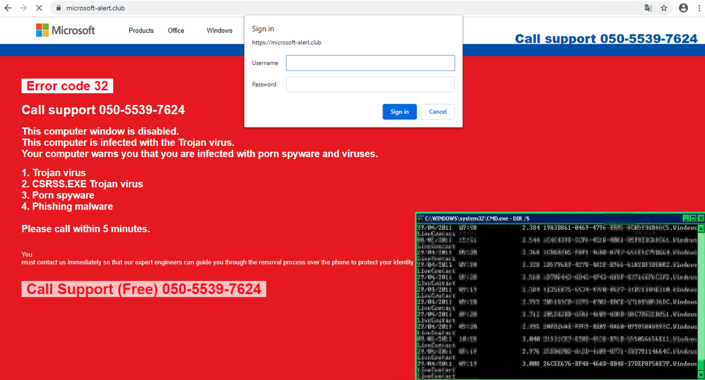This screenshot shows the technical support scam cybersquatting page translated to English. The messages at the top read "Error code 32, Call support [phone number], This computer window is disabled, This computer is infected with the Trojan virus, Your computer warns you that you are infected with porn spyware and viruses." 