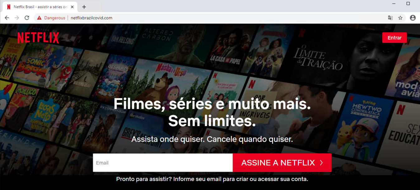 This screenshot of a cybersquatting domain shows that it is mimicking the Portuguese Netflix main page. 