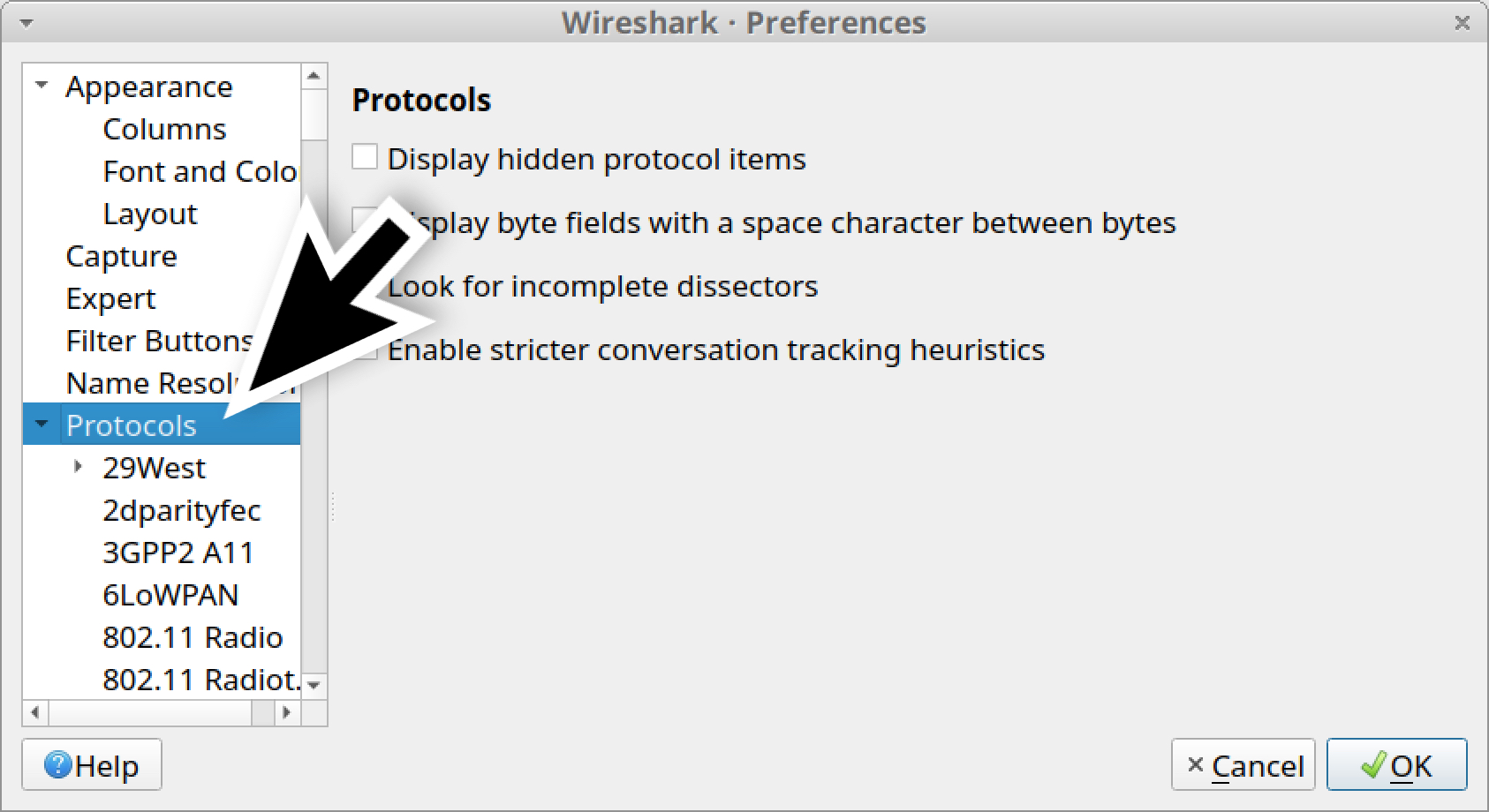 On the left side of the Wireshark - Preferences Menu, click on Protocols, as shown here. 