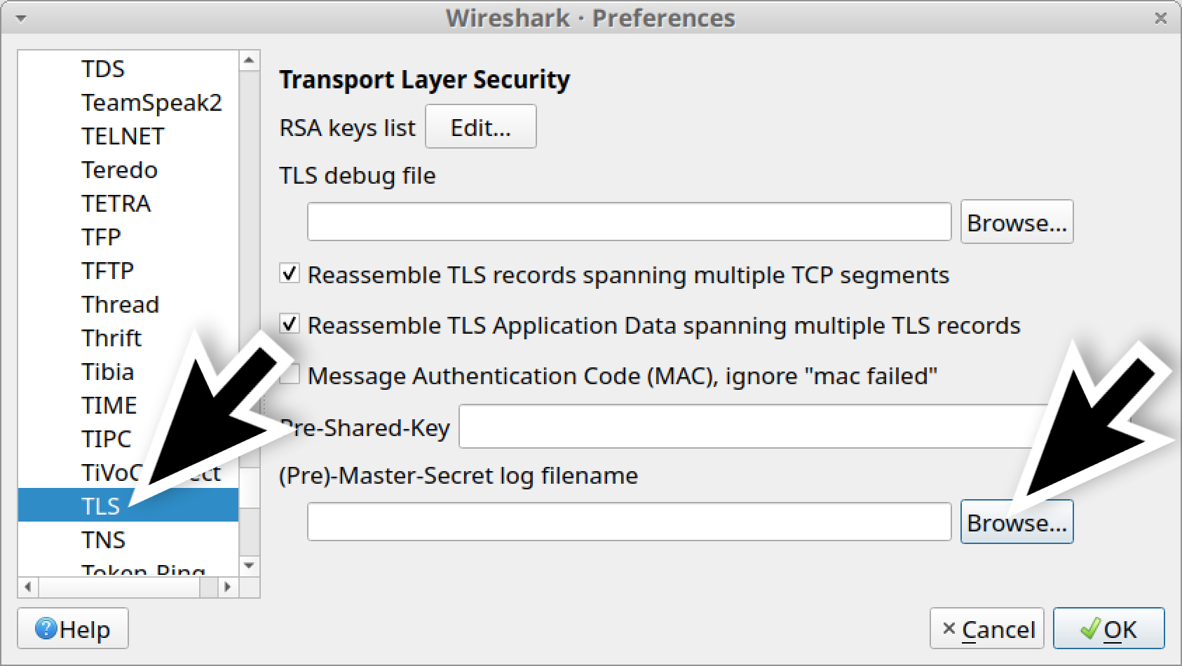 Once you have selected TLS in Wireshark 3.x, you should see a line for (Pre)-Master-Secret log filename. 