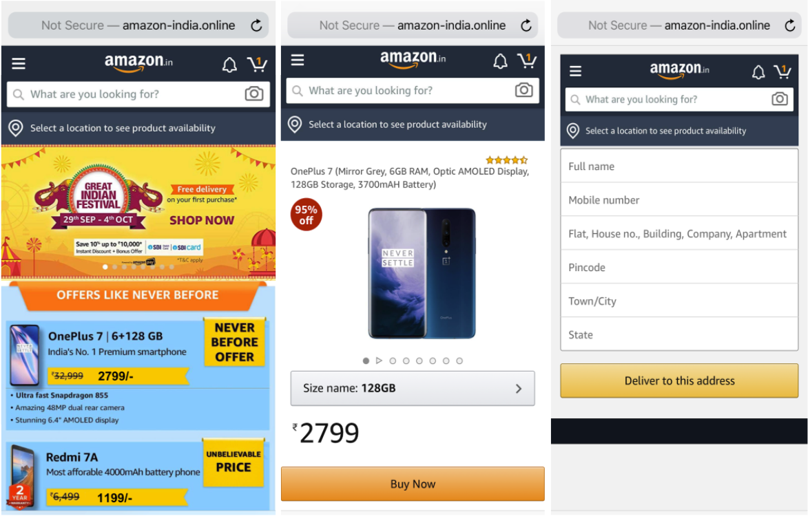 Este exemplo de pirataria cibernética mostra como um site falso da Amazon voltado para pessoas na Índia foi projetado para se parecer com o verdadeiro site da Amazon quando visualizado em um telefone celular.