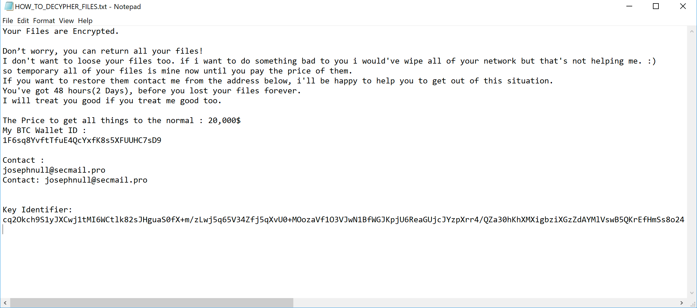 HOW_TO_DECRYPT_YOUR_FILES.txt - Notepad - This shows a Thanos ransomware message displayed to victims, including the following text: "Your files are Encrypted. Don't worry, you can return all your files! I don't want to loose your files too. If I want to do something bad to you I would've wipe all of your network but that's not helping me. :) so temporary all of your files is mine now until you pay the price of them. If you want to restore them contact me from the address below, I'll be happy to help you to get out of this situation. You've got 48 hours (2 Days), before you lost your files forever. I will treat you good if you treat me good too." The note closes with contact info, a Bitcoin wallet ID and a demand for "20,000$."