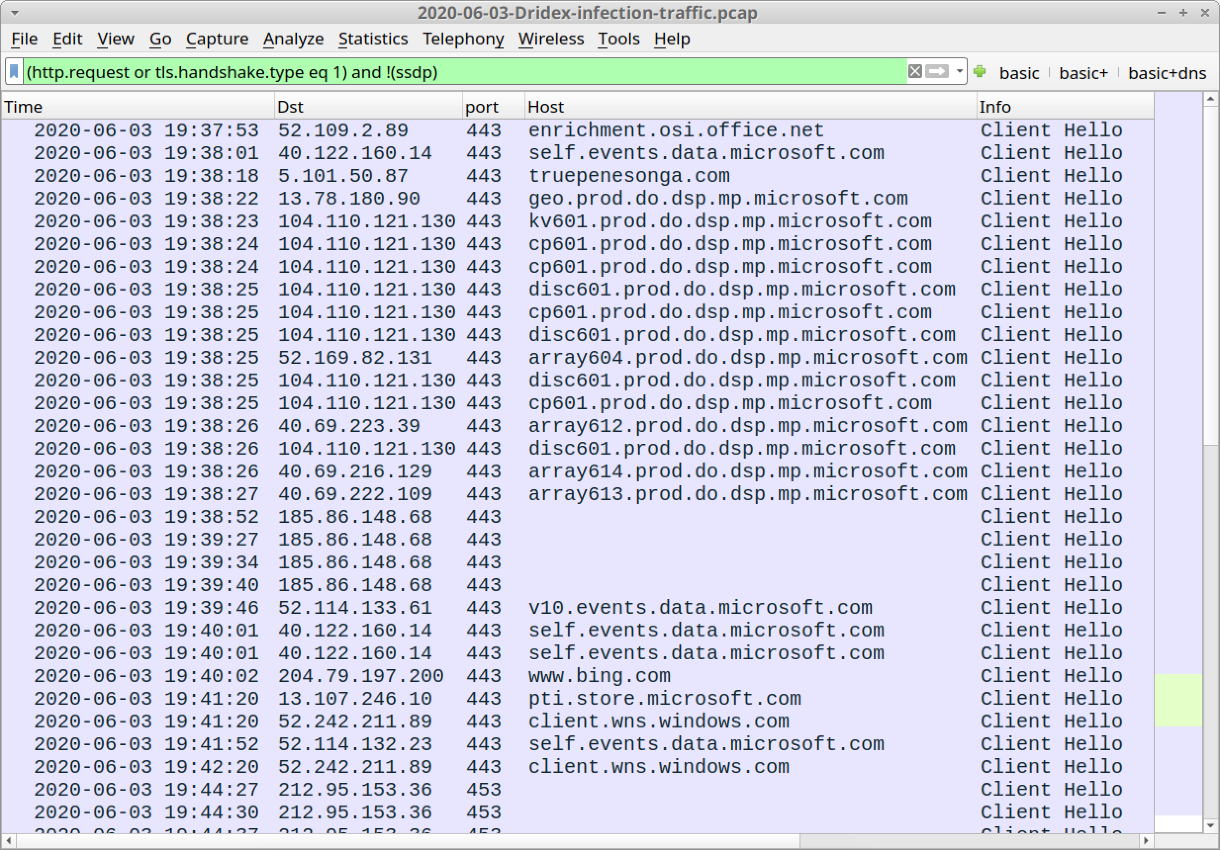 このスクリーンショットは、WiresharkでフィルタリングされたDridex感染トラフィックを示しています。The screen is labeled 2020-06-03-Dridex-infection-traffic.pcap