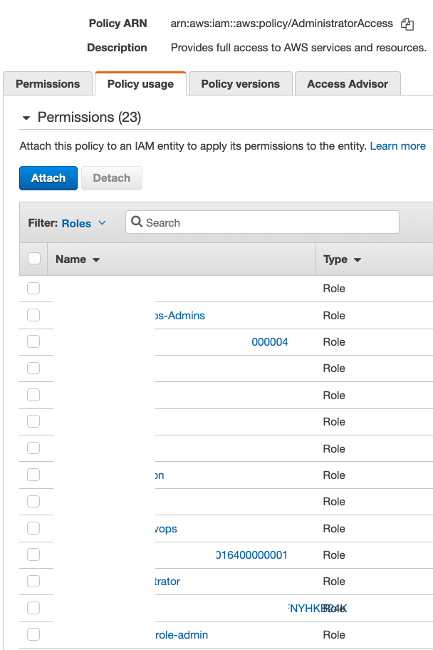 This screenshot shows an example of what an attacker in search of IAM Roles with AdministratorAccess could check. Under the tab "policy usage" is a list labeled "permissions," filtered by roles. 