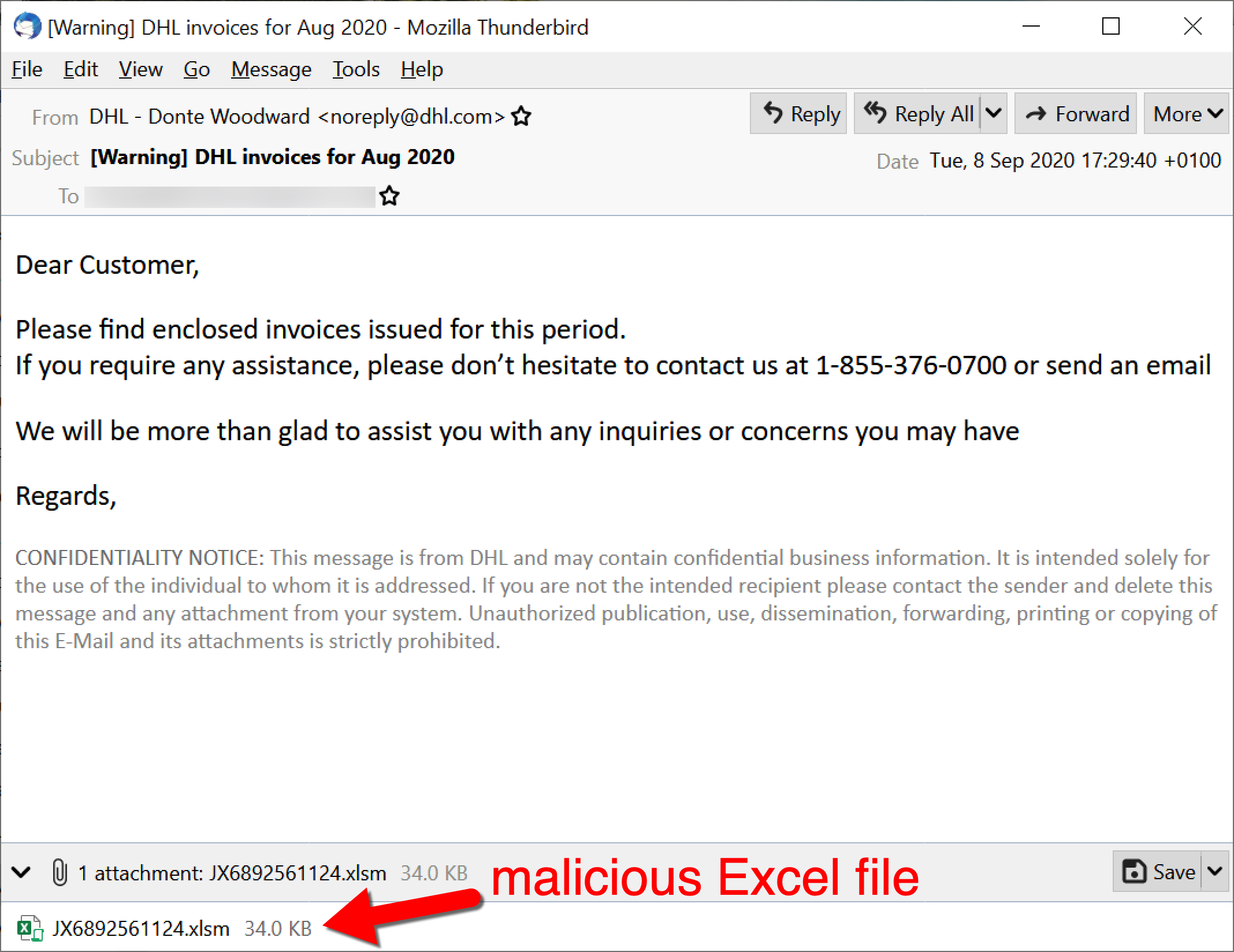 An email carrying a malicious Excel file, pushing Dridex, with the subject line "DHL Invoices for Aug 2020"