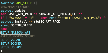 This example of APT package manager setup in Black-T shows the emphasis being placed on scanning capabilities. The setup includes installing massscan, pnscan (commented out), zgrab, Docker and jq. 