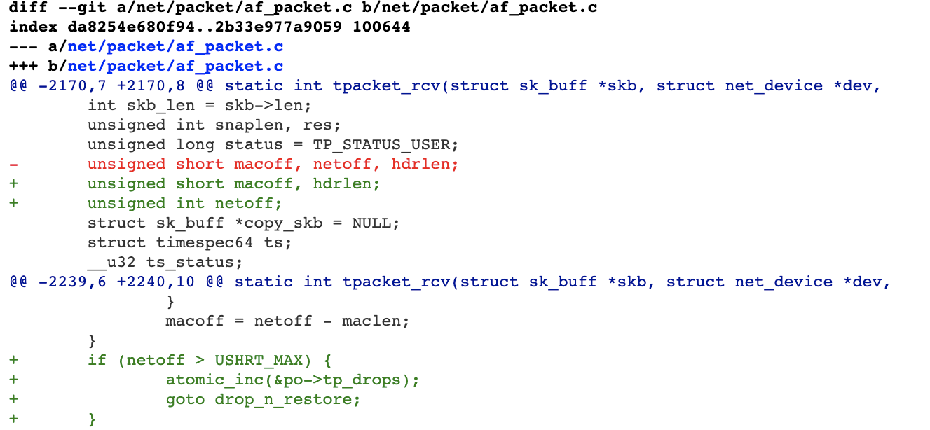 The code shown represents the author's proposed patch for CVE-2020-14386. 