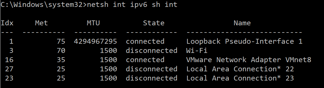 Isso dá um exemplo da saída recebida após usar um comando para fornecer uma lista de todas as interfaces de rede IPv6 com os números de índice correspondentes.  Encontrar esses números permite que você desative o RDNSS IPv6, atenuando o CVE-2020-16898.